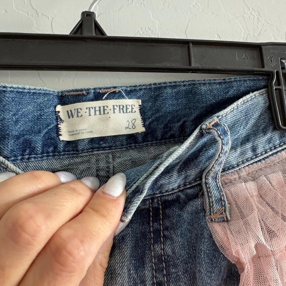 Free People We The Free Pirouette Pink Tiered Tulle Overlay Jeans Blue 28 - Picture 7 of 11
